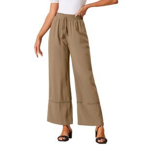 Loose High Waist Drawstring Wide Leg Palazzo Trousers with Pockets Brown